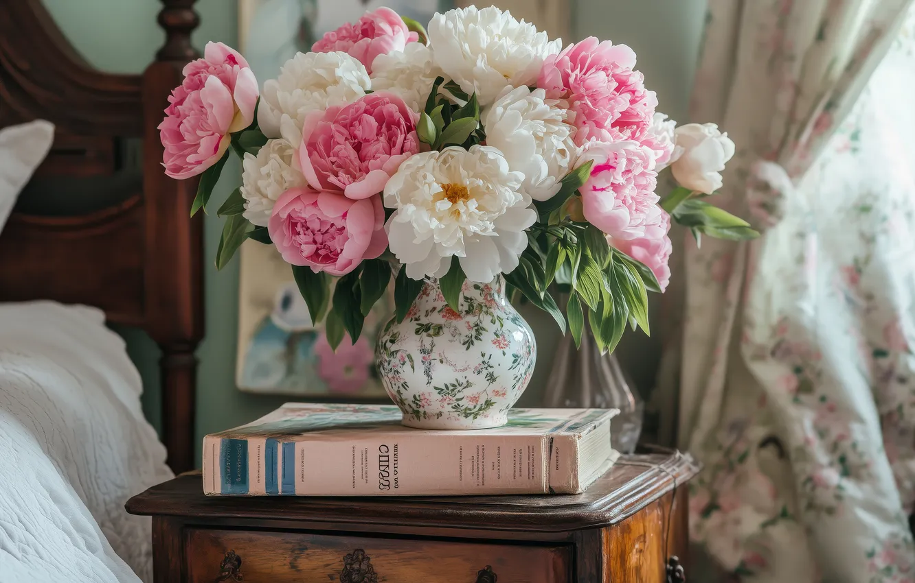 Photo wallpaper flowers, room, bed, bouquet, spring, bed, table, book