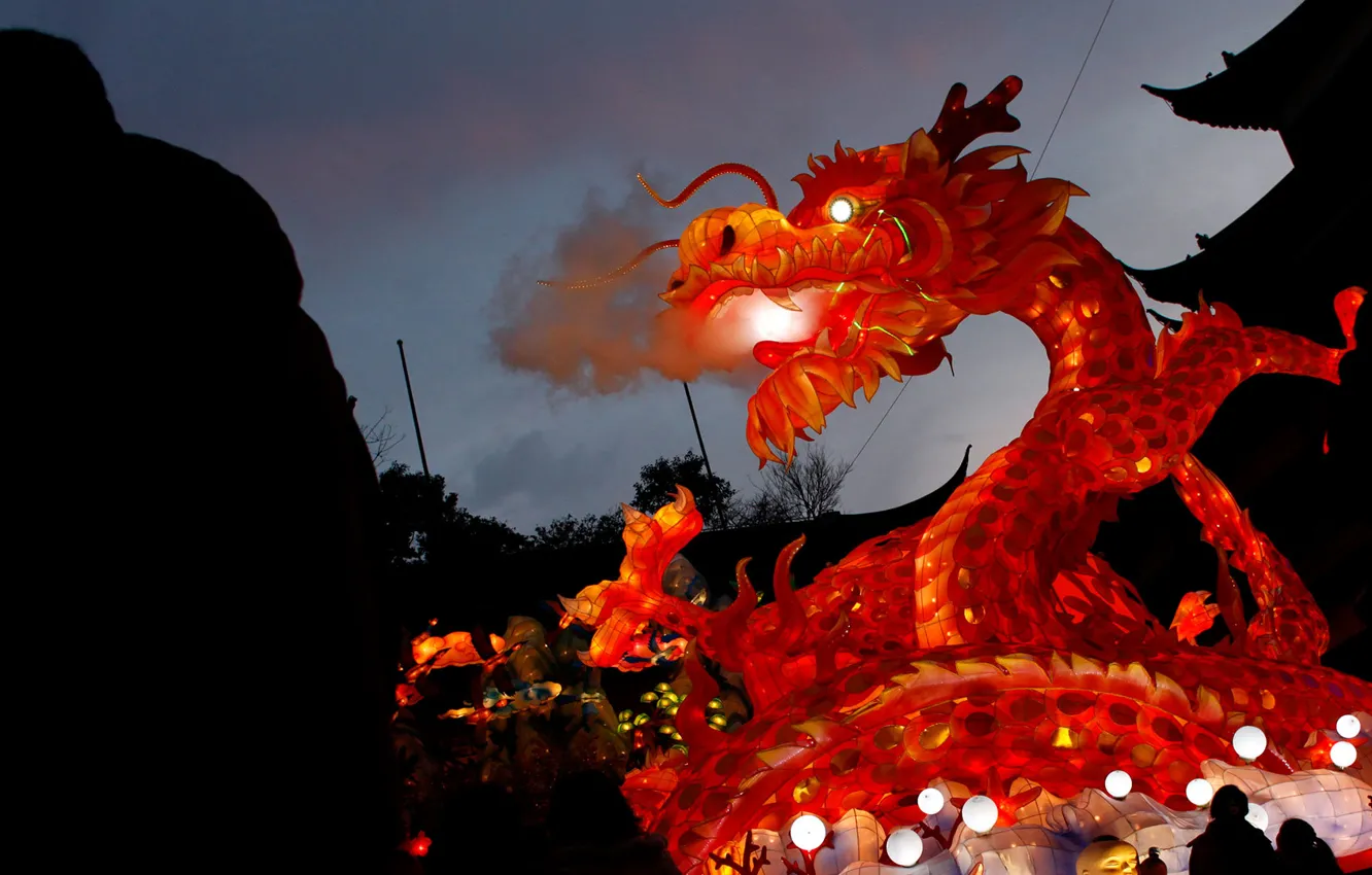 Photo wallpaper night, lights, silhouette, China, Shanghai, Garden of the dragon