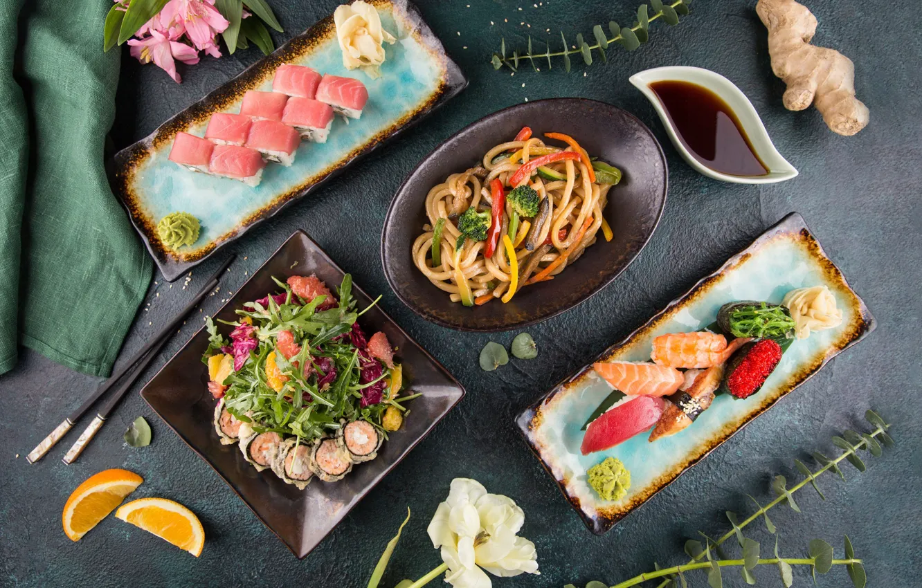 Photo wallpaper flowers, orange, sushi, salad, rolls, ginger, soy sauce, noodles