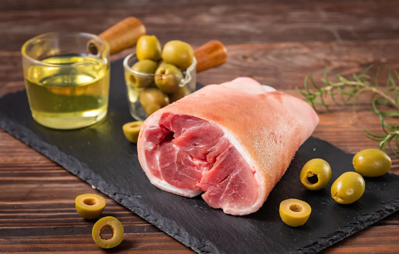 Photo wallpaper oil, meat, olives