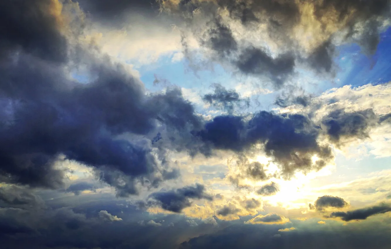 Photo wallpaper the sun, clouds, rays, sunset, The sky, blue green