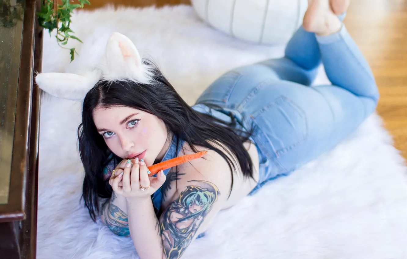 Photo wallpaper girl, tatoo, jeans, cosplay, look, bunny, carrot, rabbit ears