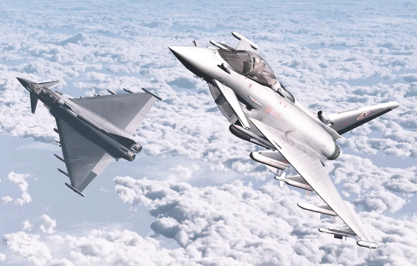 Photo wallpaper Clouds, Aircraft, Aviation, Fighters, Typhoon, Eurofighter, Two, 3D Graphics