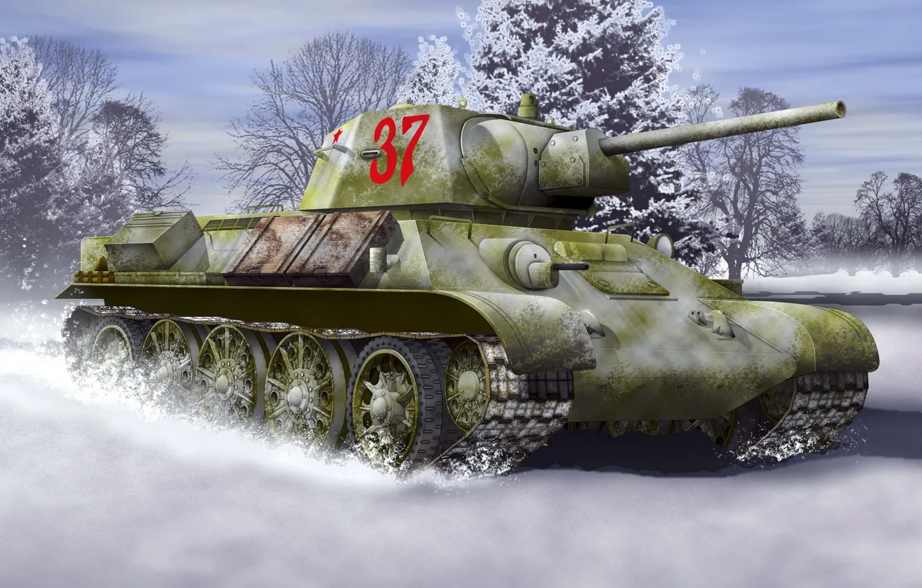 Photo wallpaper winter, art, The great Patriotic war, T-34-76, model 1942