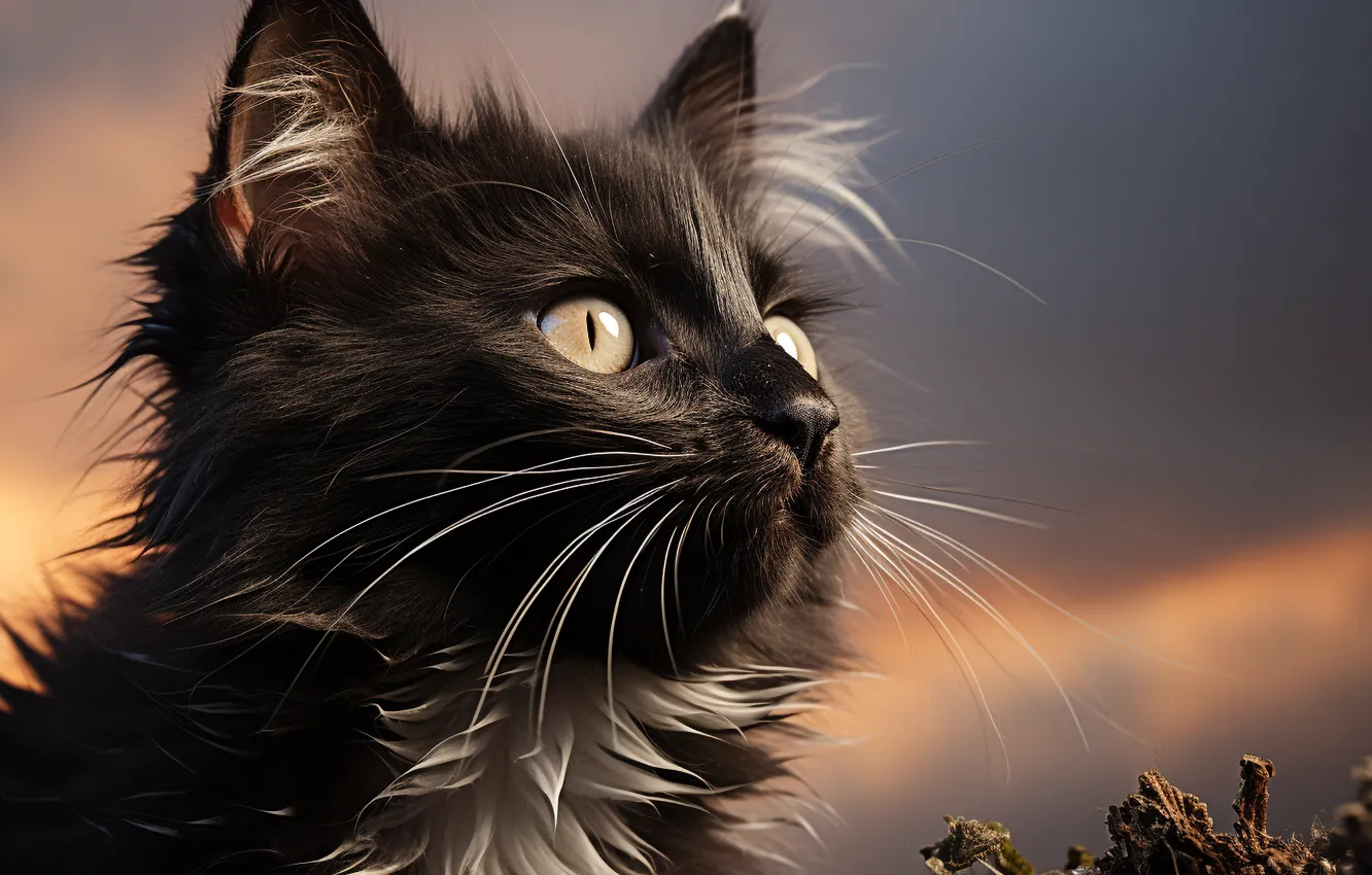 Photo wallpaper cat, cat, mustache, face, black, digital art, AI art, The Art of Artificial Intelligence