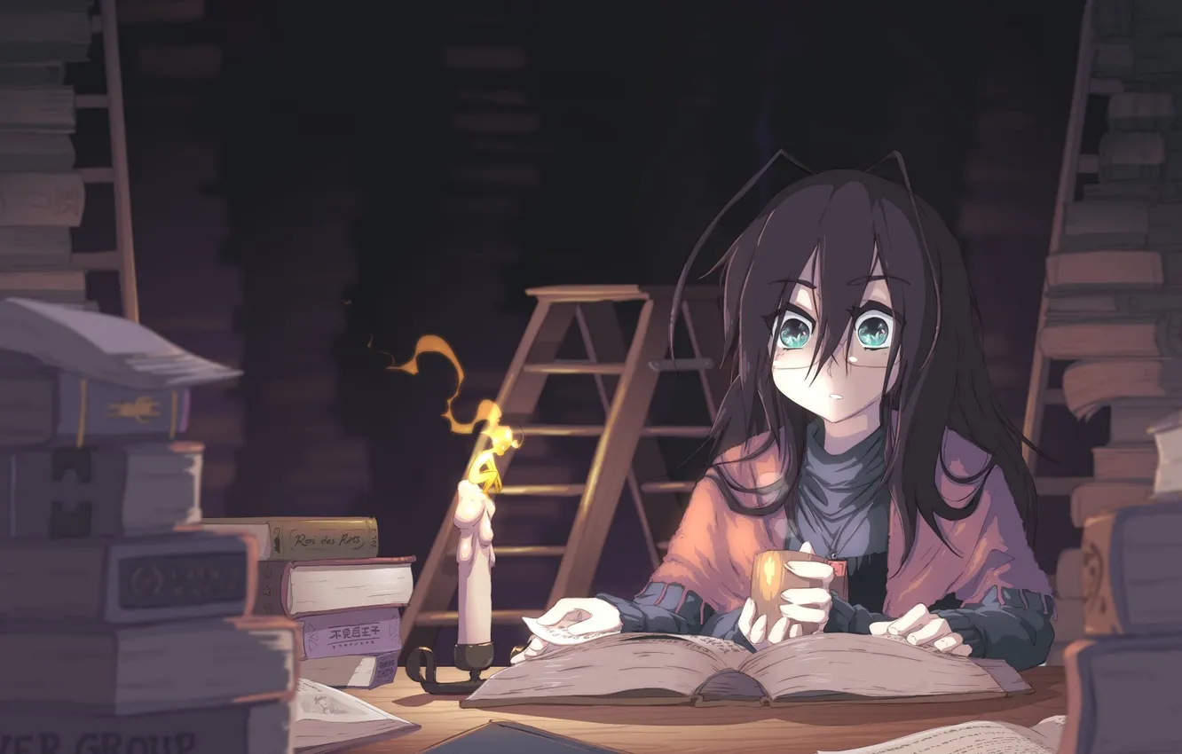 Photo wallpaper girl, men, candles, art, book, library, ladder, Hon no Mushi