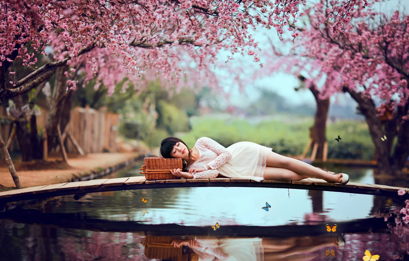 Photo wallpaper girl, bridge, garden, Asian