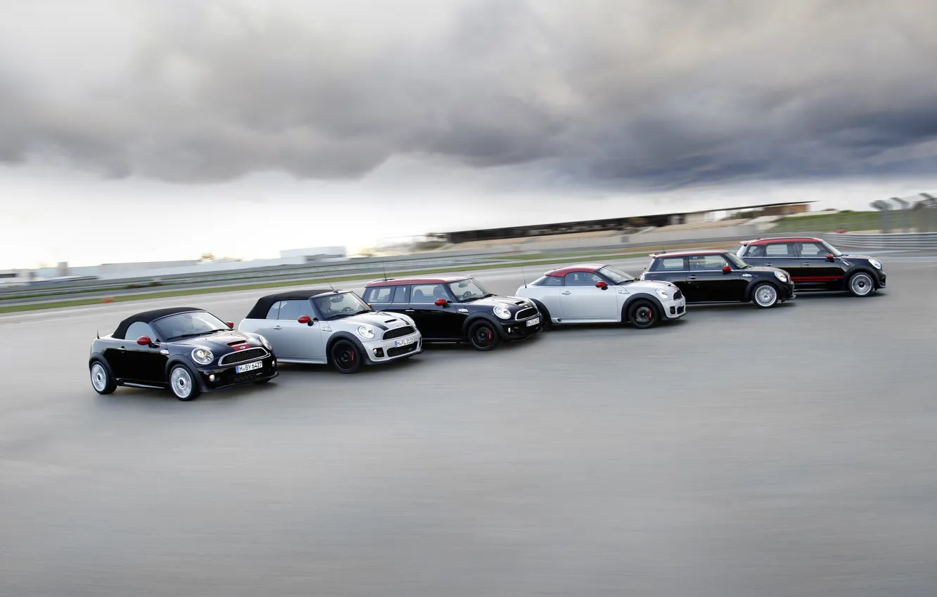 Photo wallpaper machine, asphalt, clouds, overcast, Mini, Mini Cooper, a lot, Mini Cooper