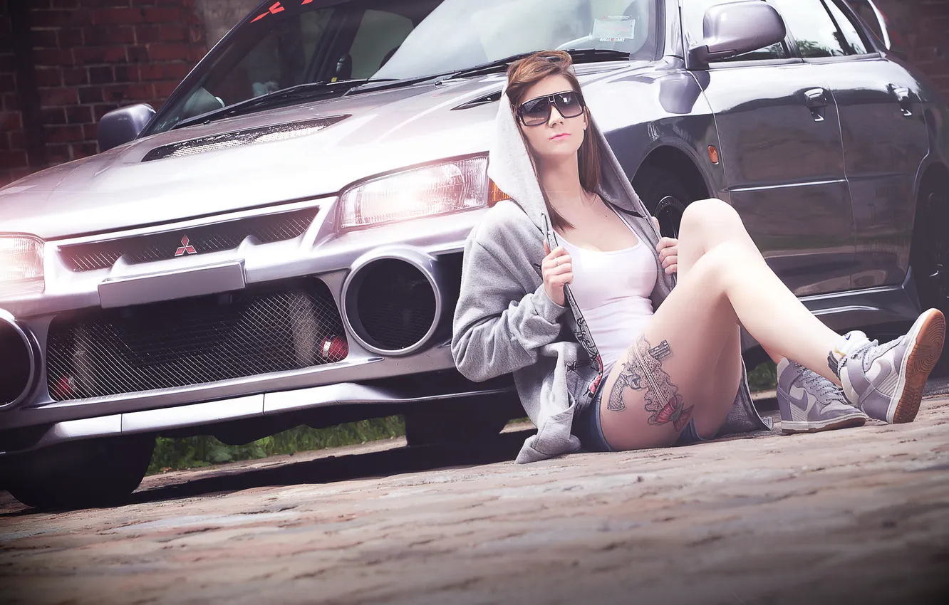 Photo wallpaper sexy, model, tattoo, vehicle, sunglasses