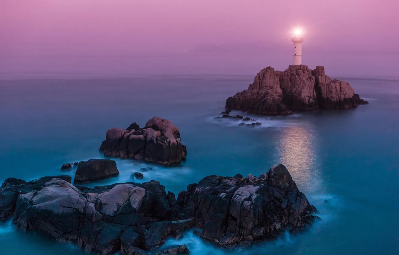 Photo wallpaper sea, landscape, rocks, lighthouse, horizon, twilight