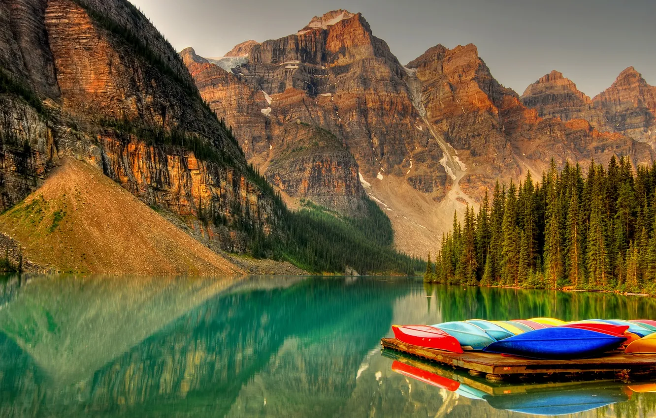 Photo wallpaper the sky, mountains, lake, boat