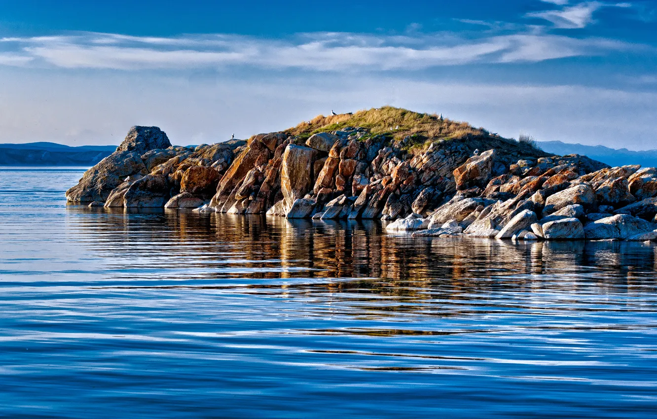 Photo wallpaper the sky, clouds, lake, stones, island