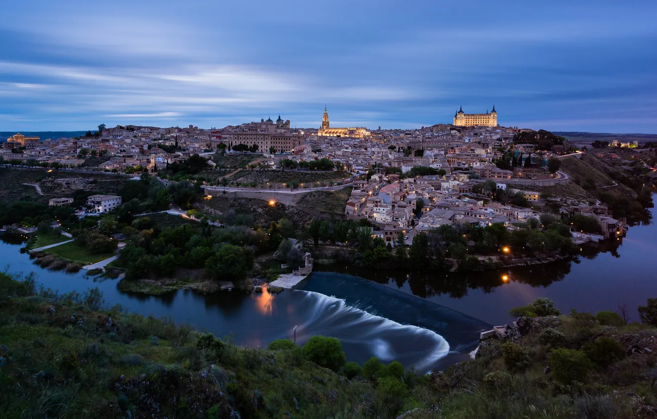 Photo wallpaper the sky, blue, the city, river, the evening, lighting, architecture, Spain