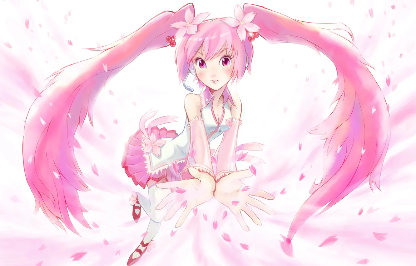 Photo wallpaper girl, flowers, petals, Sakura, cherry, vocaloid, Vocaloid, sakura, mike