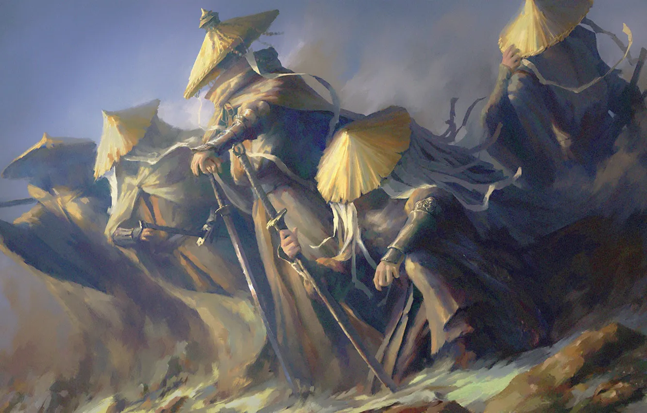 Photo wallpaper katana, samurai, tape, cloak, Japanese clothing, straw hat, Ronin, five