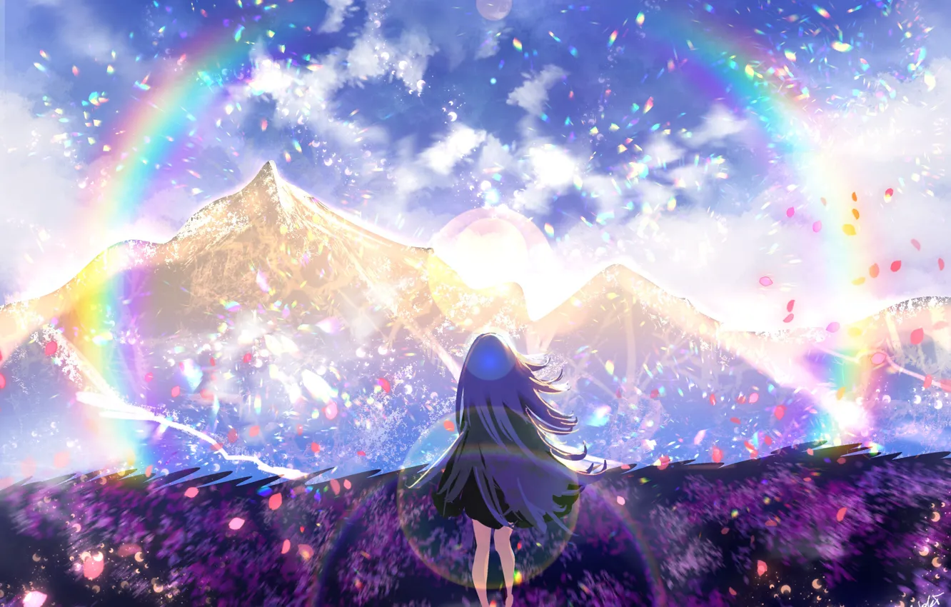 Photo wallpaper the sky, mountains, glade, rainbow, girl, by Noki