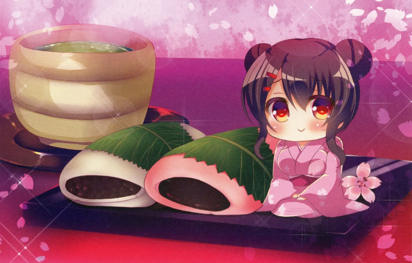Photo wallpaper Japan, sweets, kimono, cherry blossoms, green tea, wagashi, vagasi, the actual