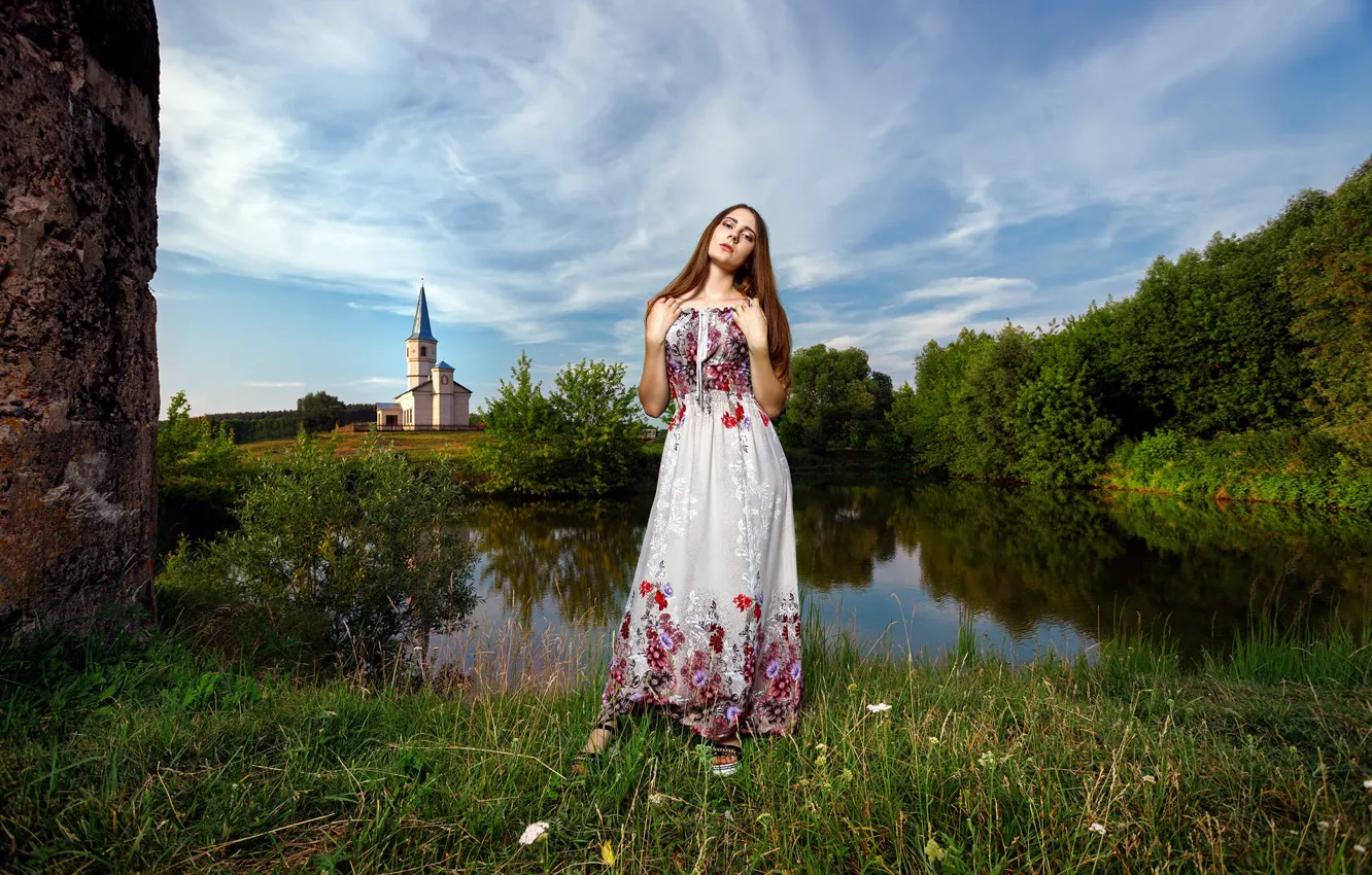 Photo wallpaper girl, lake, pond, shore, dress, Church, Russian, embroidery