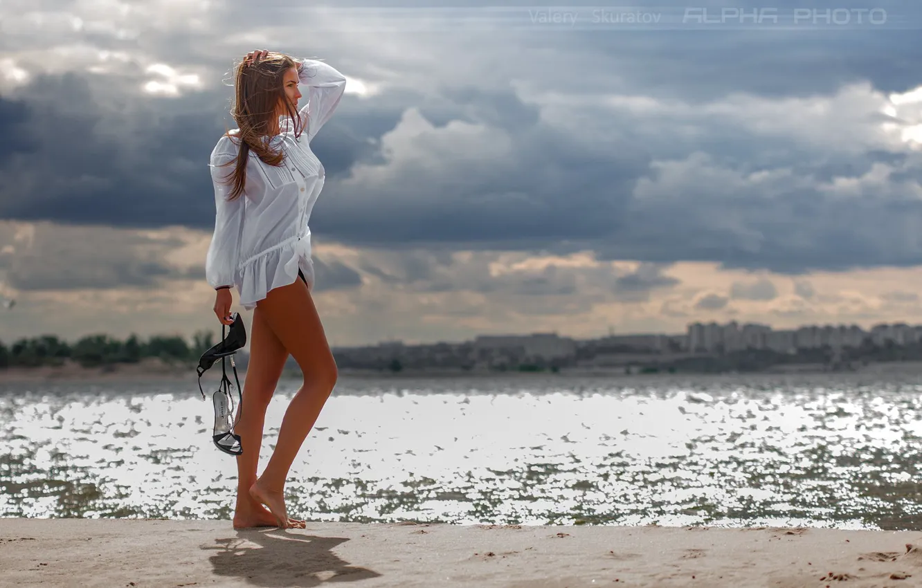 Photo wallpaper SHOES, BODY, The SKY, SAND, CLOUDS, The CITY, FEET, FIGURE