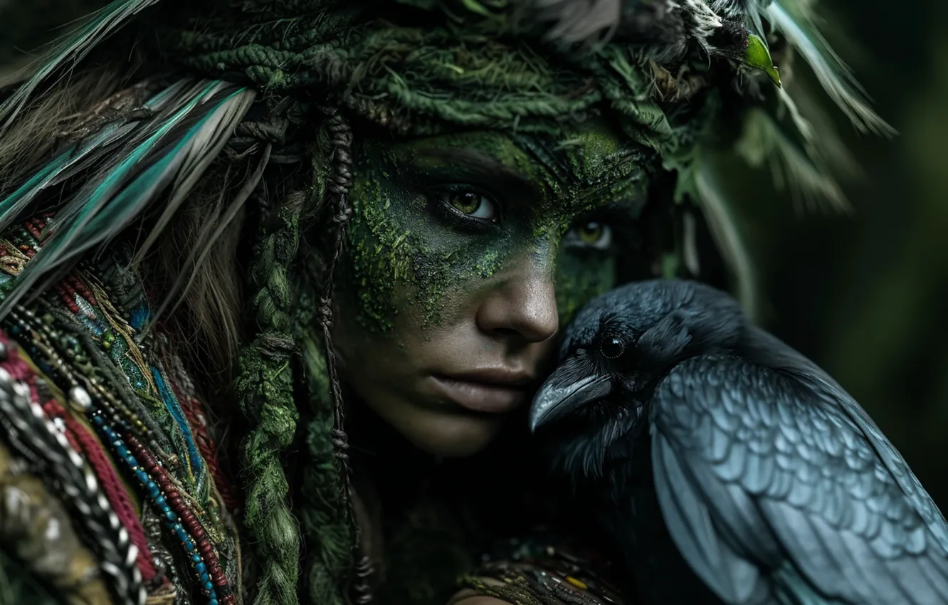 Photo wallpaper girl, bird, fantasy, Raven, makeup, headdress, forest nymph, AI art