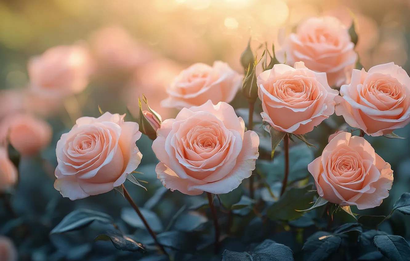 Photo wallpaper light, flowers, roses, bouquet, garden, cream, pink, rose bushes