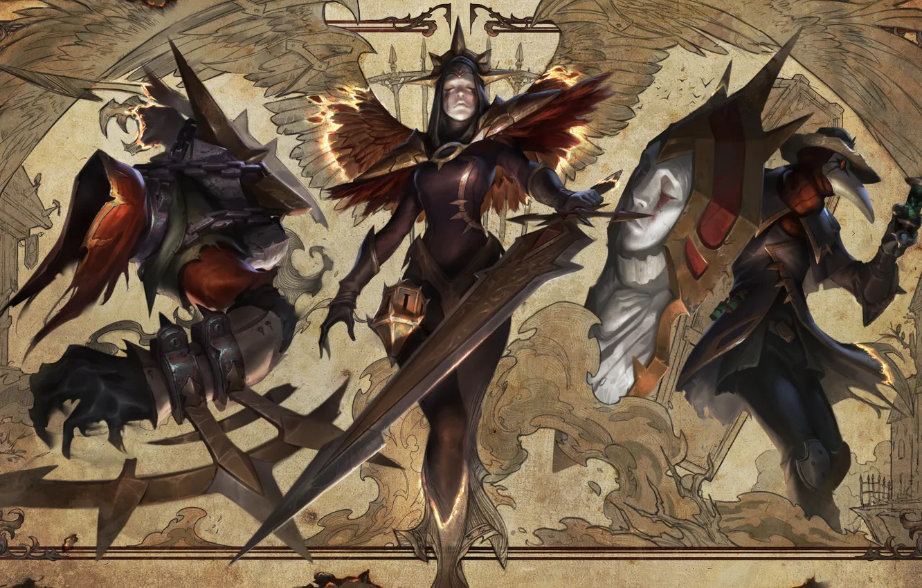 Photo wallpaper Iron Inquisitor Kayle, pan gothic horror groupsplash, and Black Scourge Singed, Cursed Revenant Nocturne
