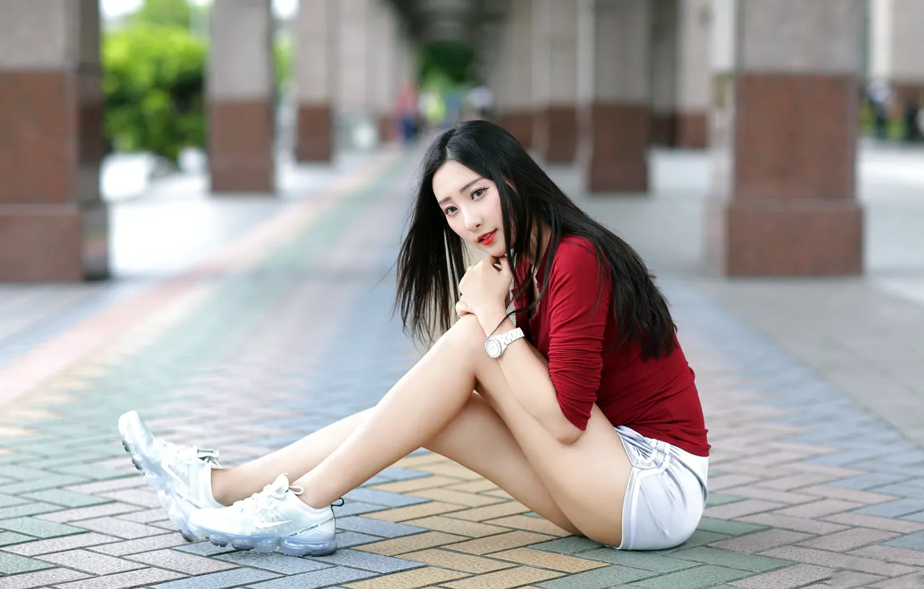 Photo wallpaper street, model, sitting, bokeh