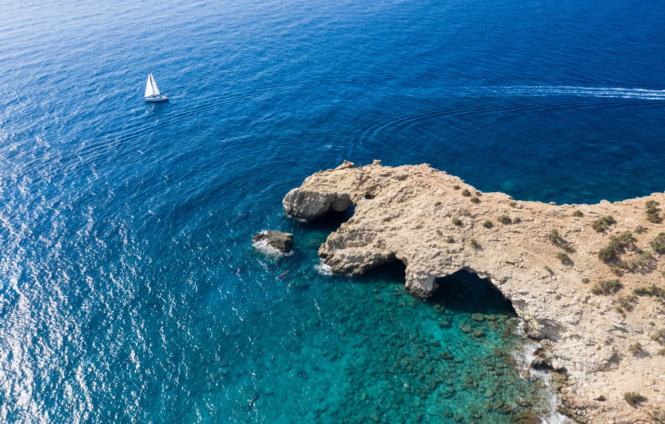 Photo wallpaper sea, rocks, shore, yacht, top