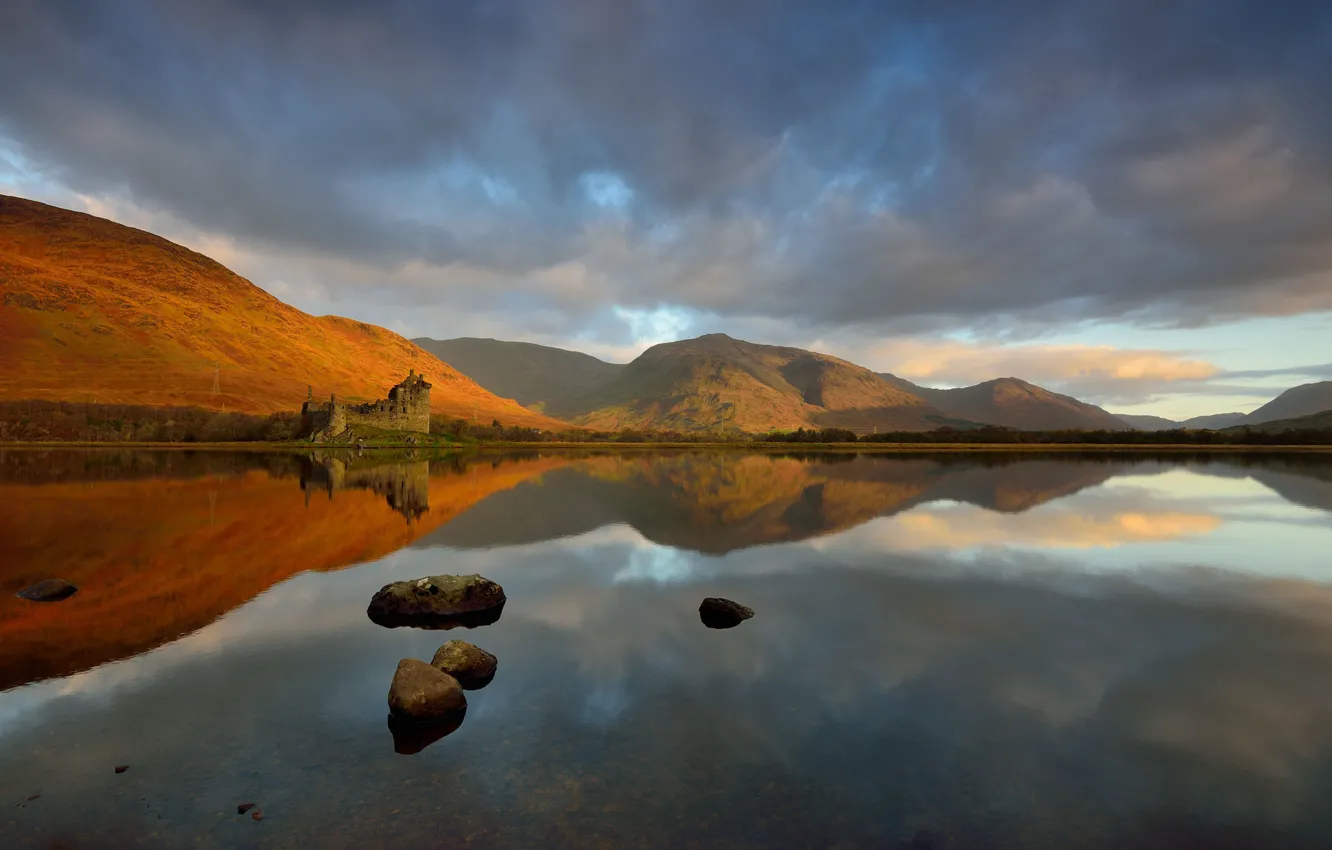 Photo wallpaper autumn, the sky, clouds, mountains, lake, reflection, stones, castle