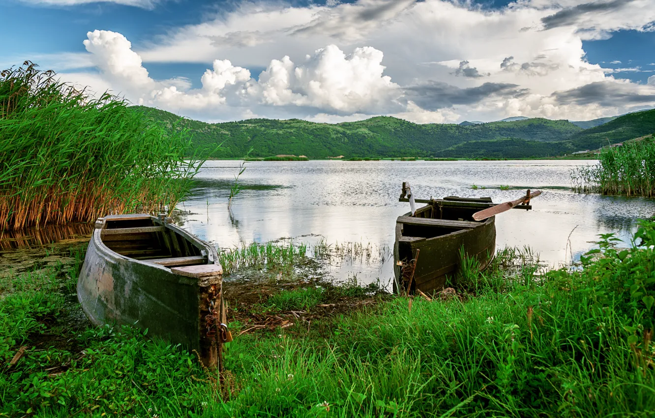 Photo wallpaper the sky, grass, clouds, nature, lake, hills, boats