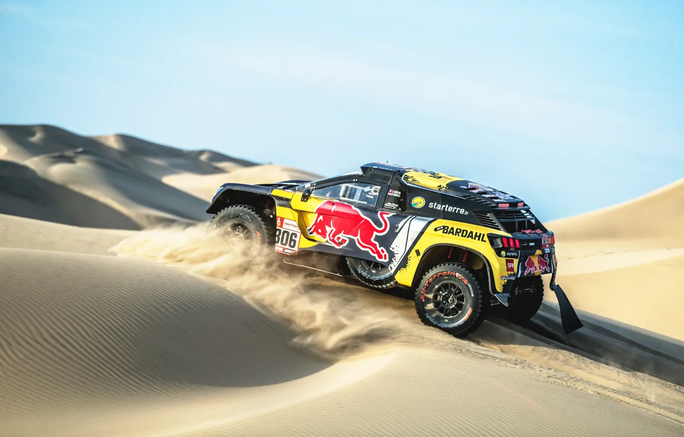 Photo wallpaper Sand, Machine, Speed, Peugeot, Red Bull, Rally, Dakar, Dakar