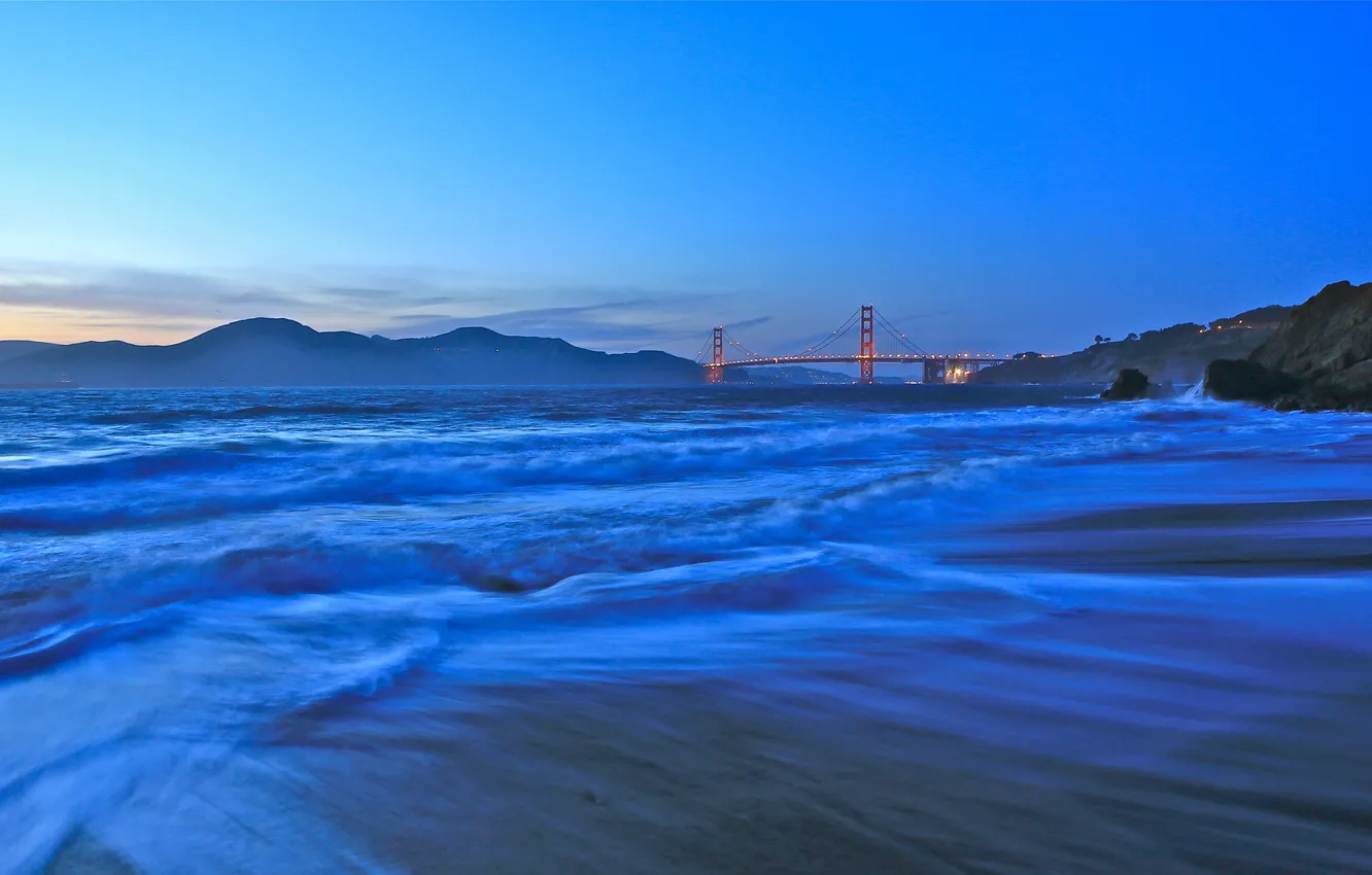 Photo wallpaper bridge, lights, river, dawn