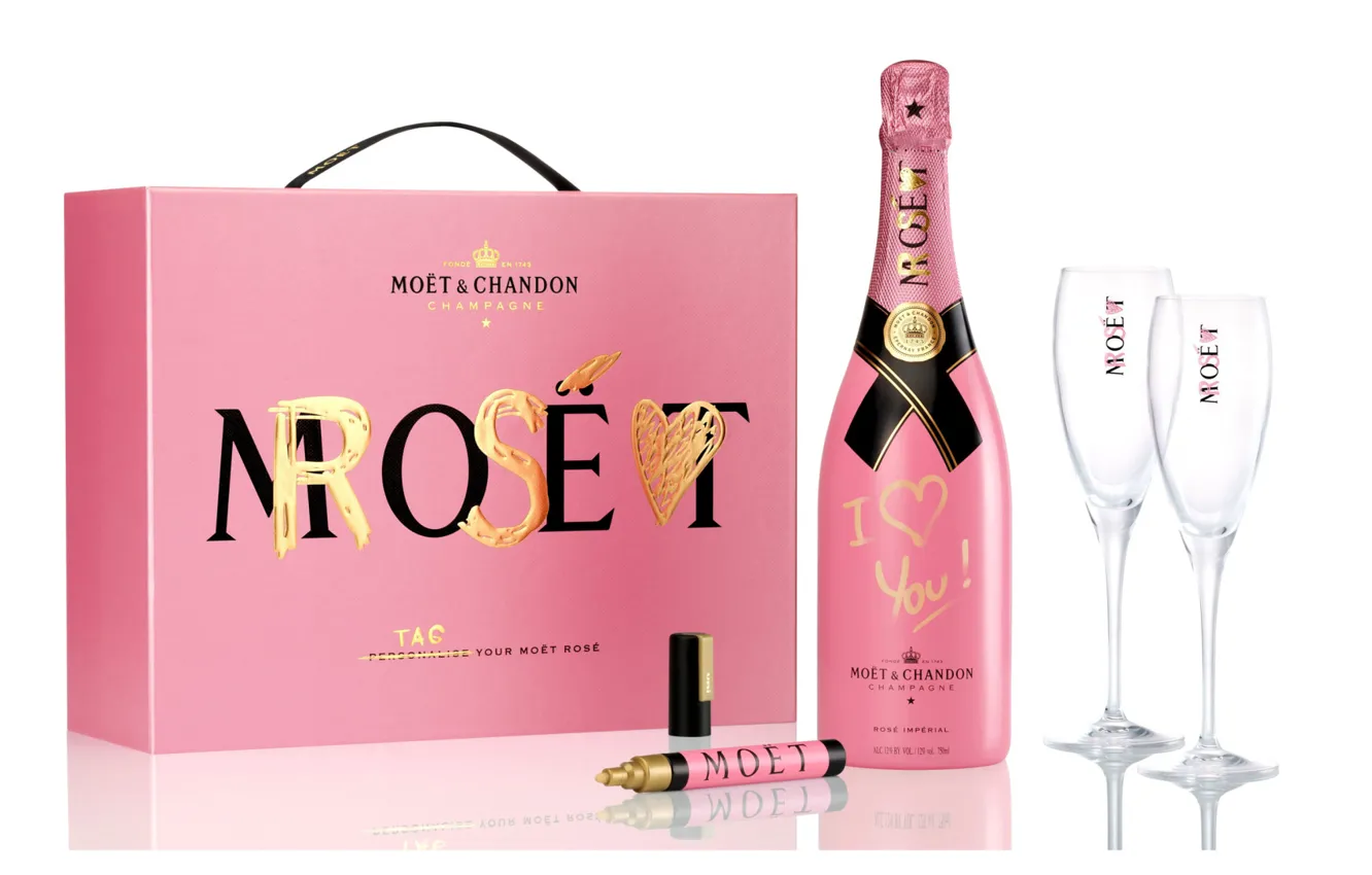 Photo wallpaper pink, box, glasses, champagne