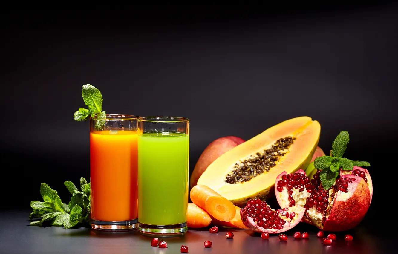 Photo wallpaper apples, juice, mint, carrots, garnet