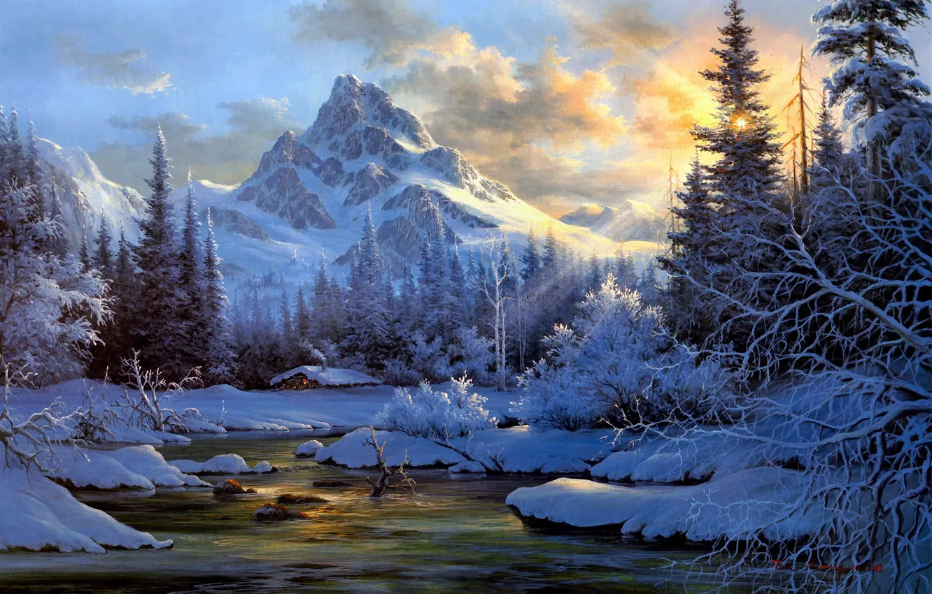 Photo wallpaper winter, forest, snow, landscape, sunset, mountains, nature, river