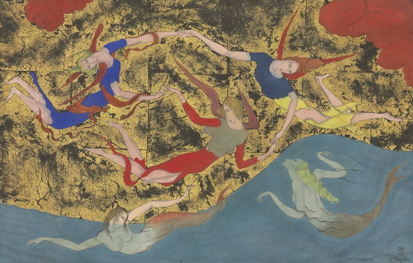 Photo wallpaper watercolor, 1918, Tsuguharu Foujita, Angels and sirens, pen and black ink on Golden paper