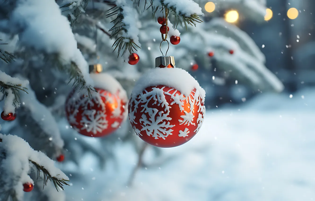 Photo wallpaper winter, snow, decoration, balls, tree, new year, Christmas, Christmas