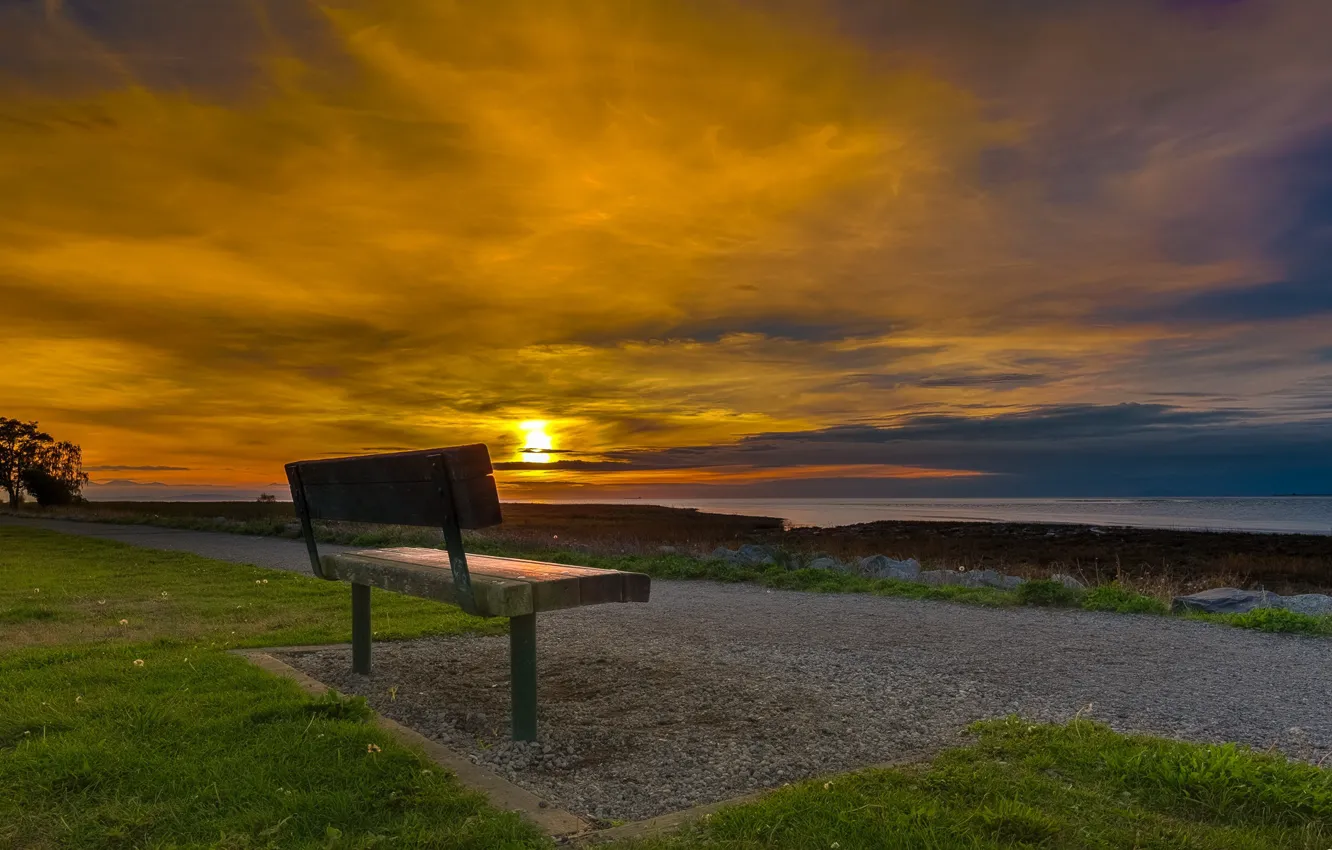 Photo wallpaper sea, sunset, bench