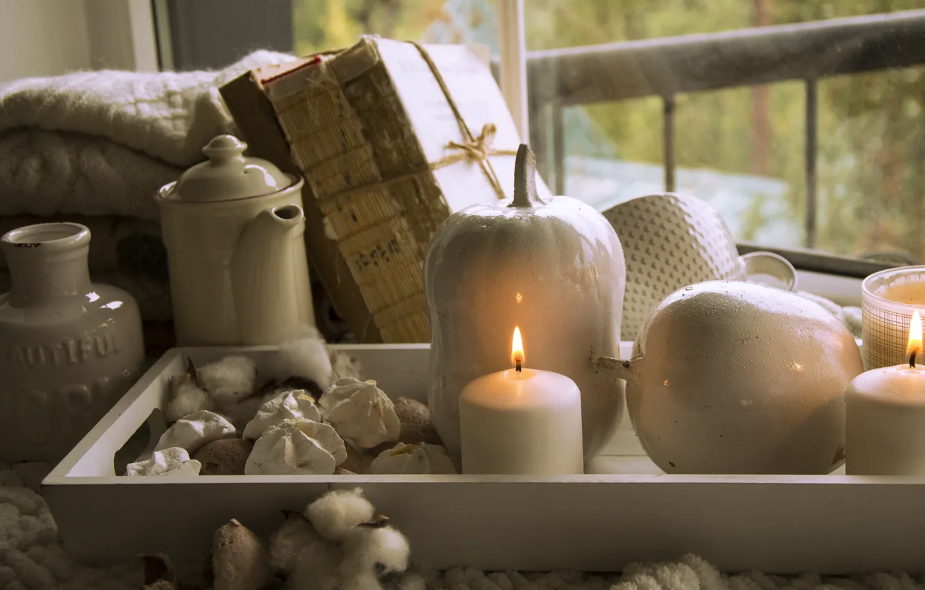 Photo wallpaper comfort, flame, candles, kettle, dishes, pumpkin, book, blanket