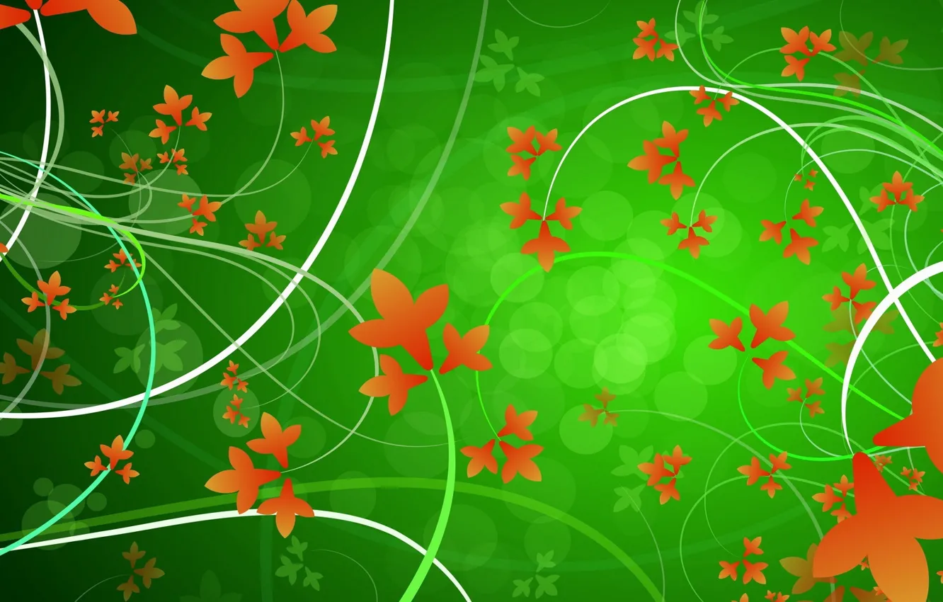 Photo wallpaper leaves, line, circles, orange, green, pattern, vector, curves