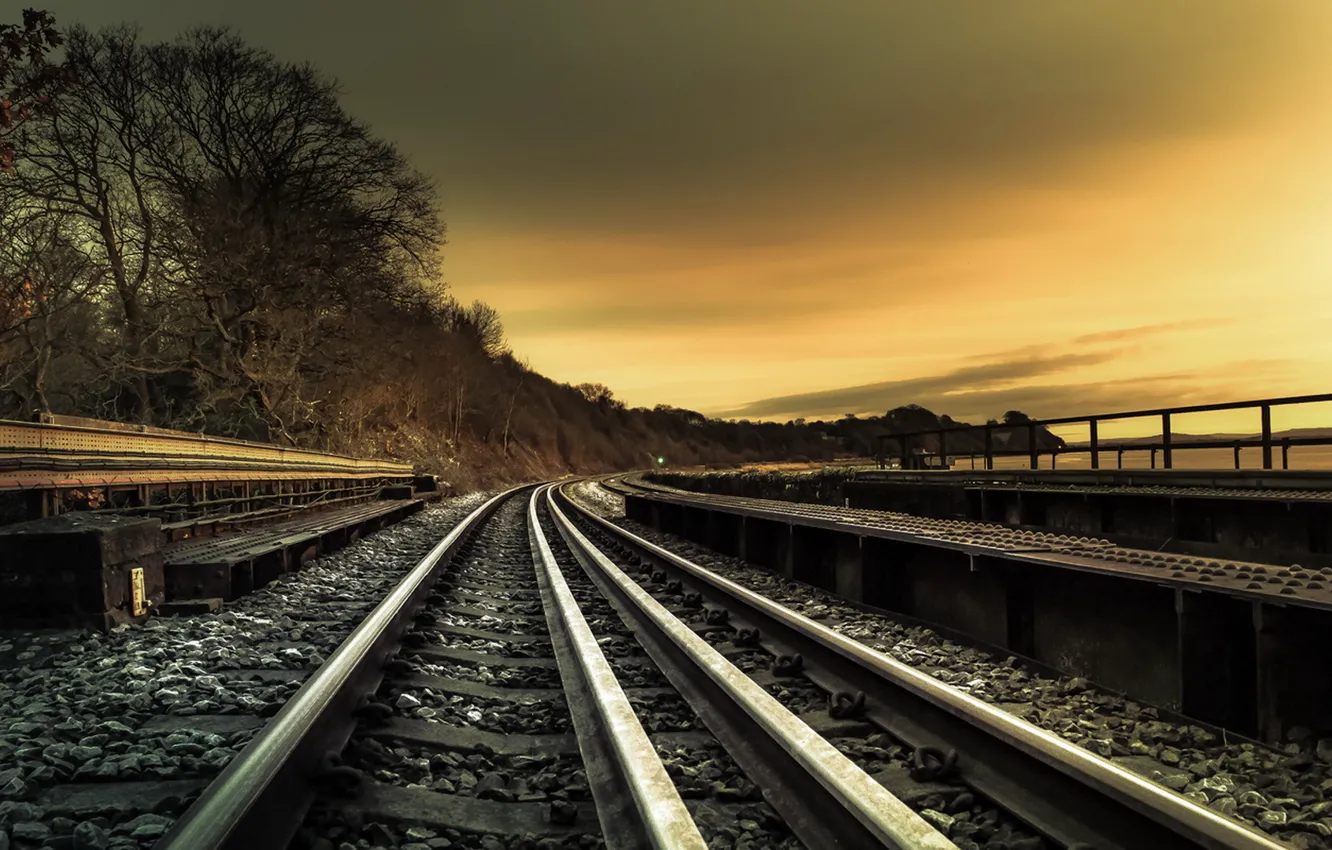 Photo wallpaper landscape, sunset, railroad