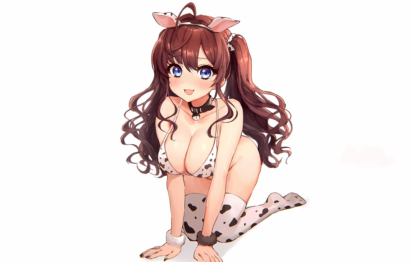 Photo wallpaper girl, sexy, cleavage, long hair, brown hair, boobs, anime, beautiful