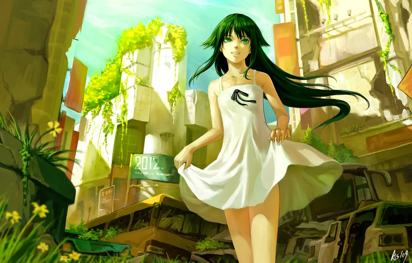 Photo wallpaper girl, the city, plants, dress, art, ruins, abandonment, saya no uta