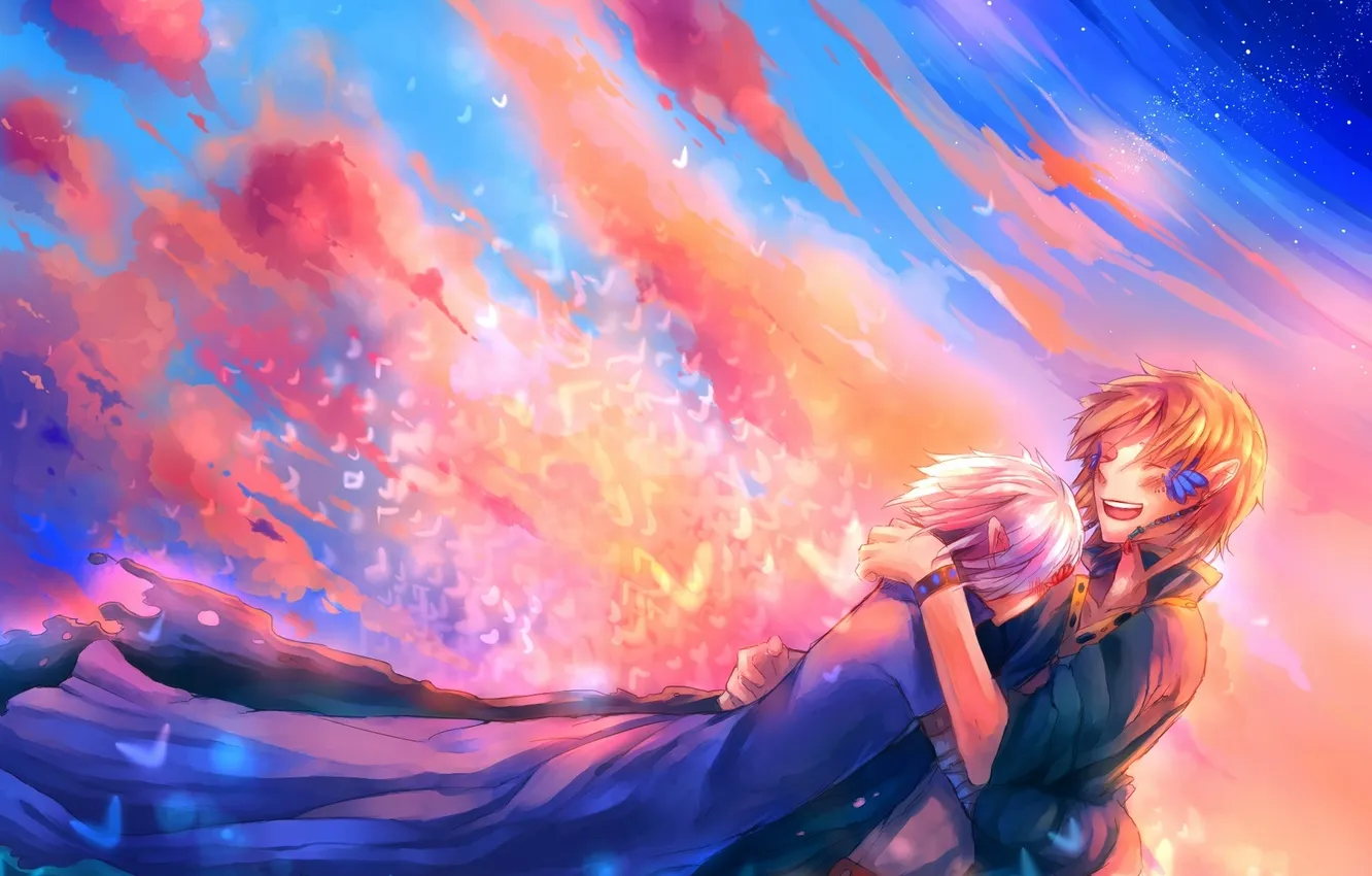 Photo wallpaper the sky, clouds, sunset, bird, anime, art, guy, uchuubranko
