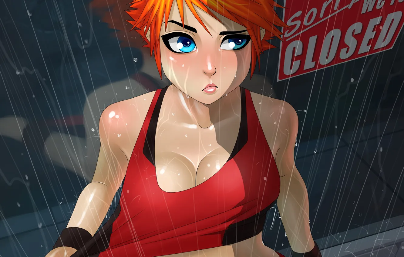 Photo wallpaper girl, rain, wet, anime, art, sign