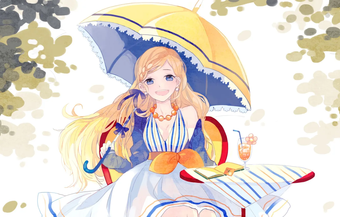 Photo wallpaper girl, smile, umbrella, beads, book