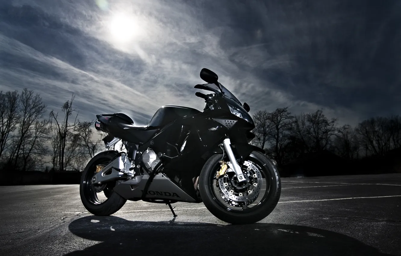 Photo wallpaper the sky, the sun, clouds, black, motorcycle, Honda, Supersport, black
