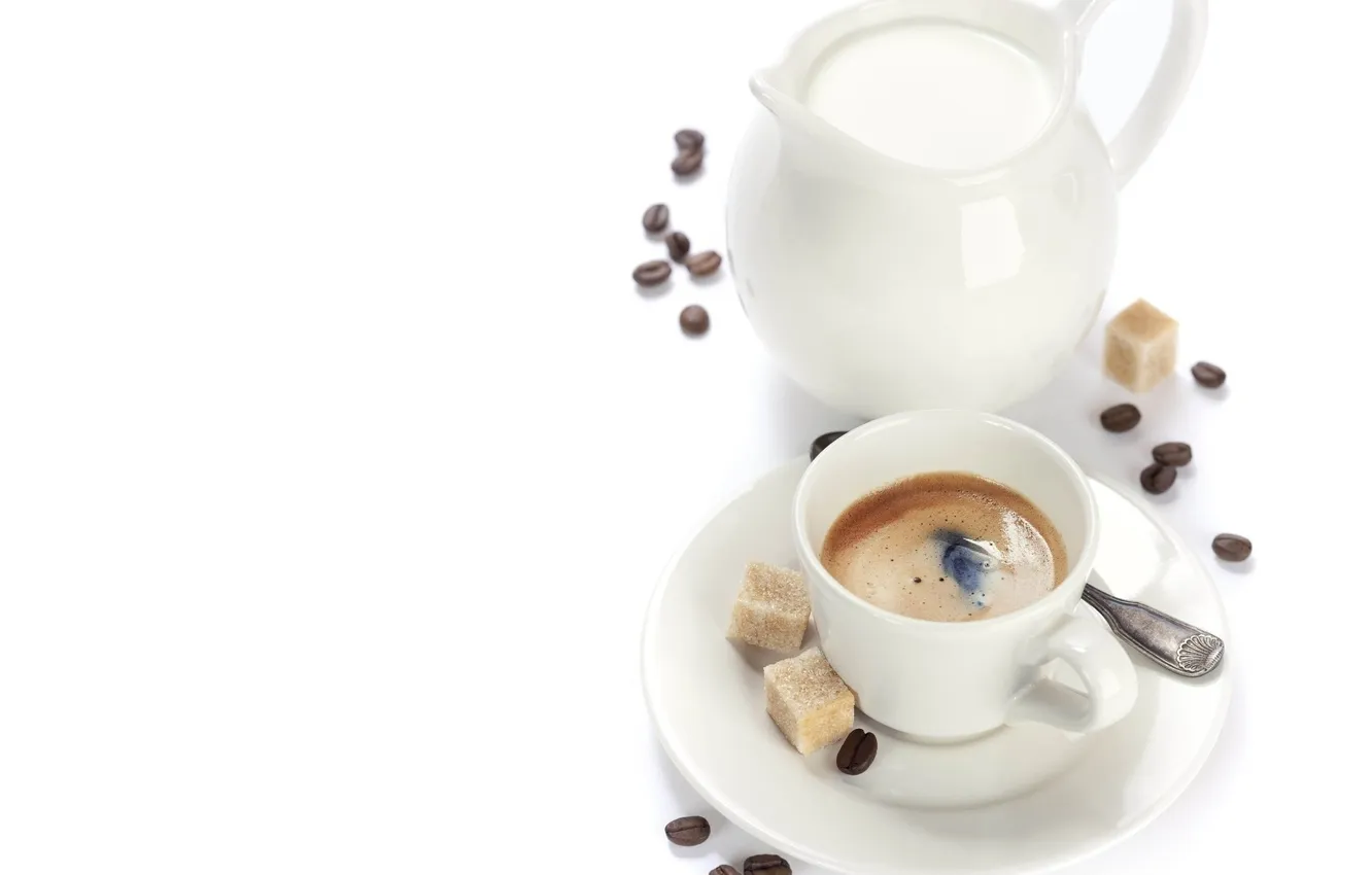 Photo wallpaper coffee, grain, milk, spoon, Cup, sugar, pitcher, saucer