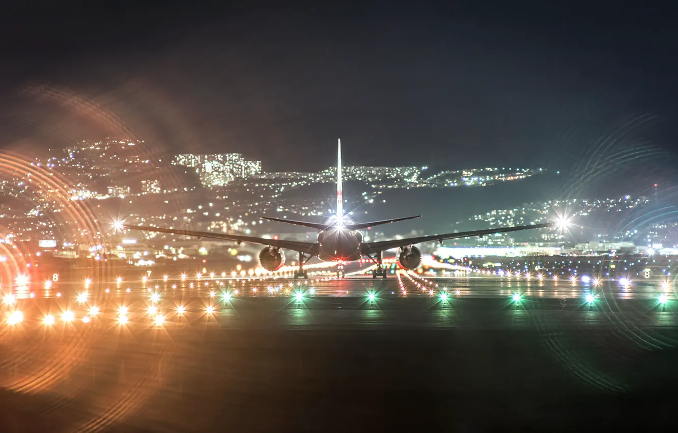 Photo wallpaper night, lights, airport, landing, Boeing 777