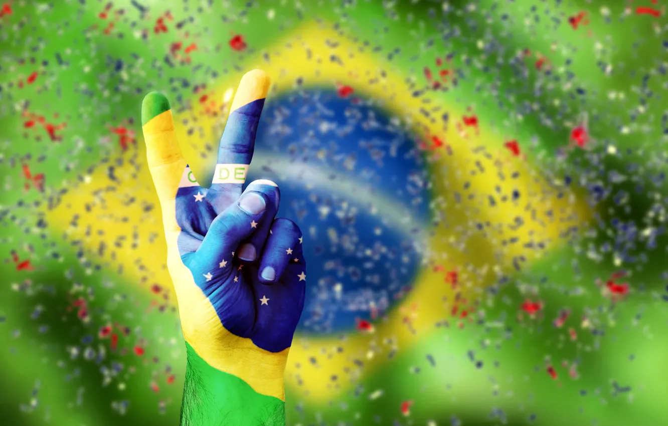 Photo wallpaper hand, confetti, flag, brasil, vicrtory, flag of Brazil